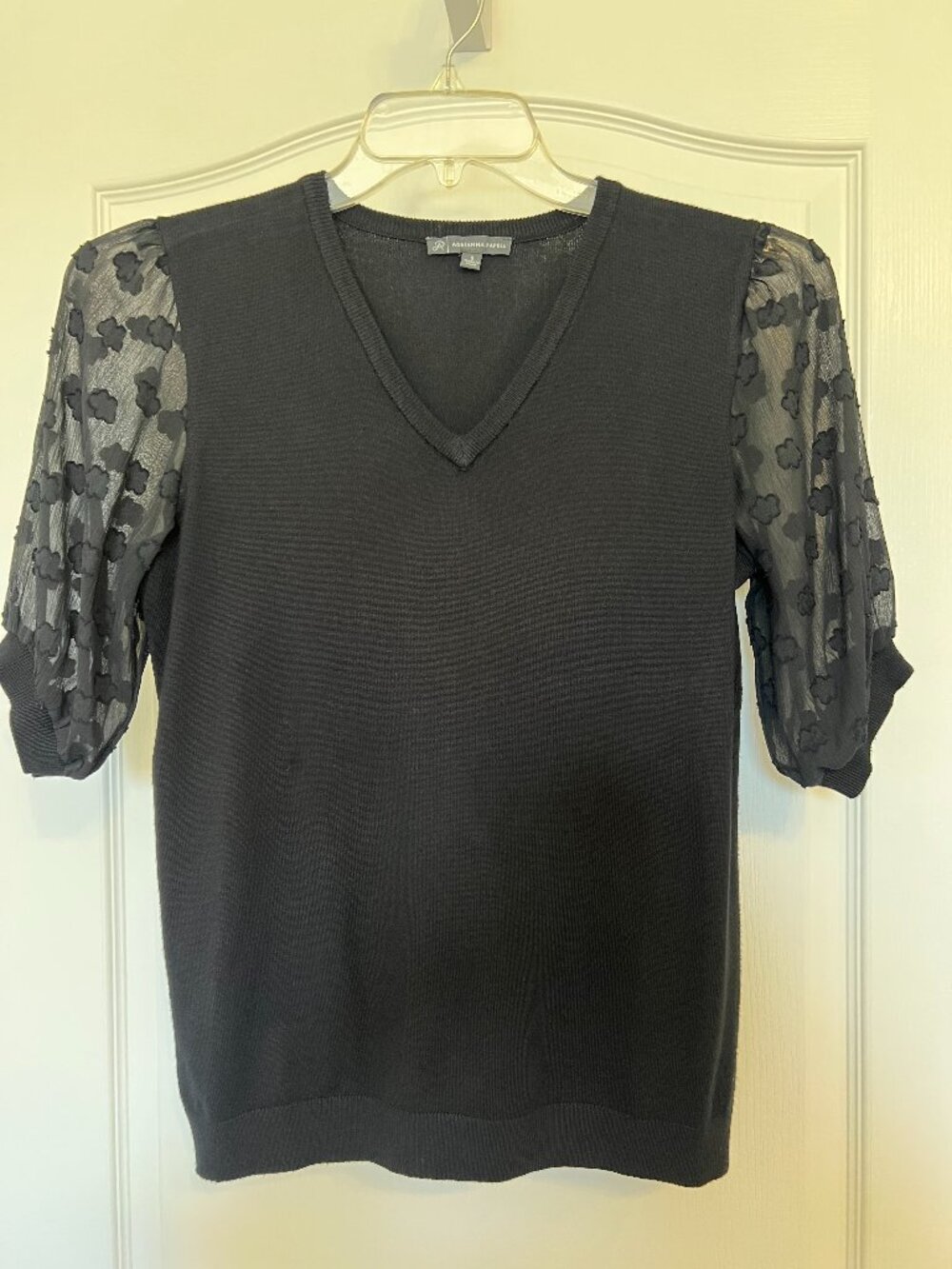 Adrianna Papell Black Sweater Top Sheer Floral Sleeves SIZE SMALL